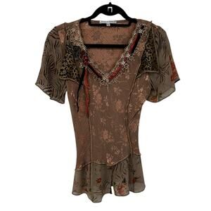 Spencer Alexis Y2K Brown Multi Floral Animal Mixed Print Top Womens Petite 6